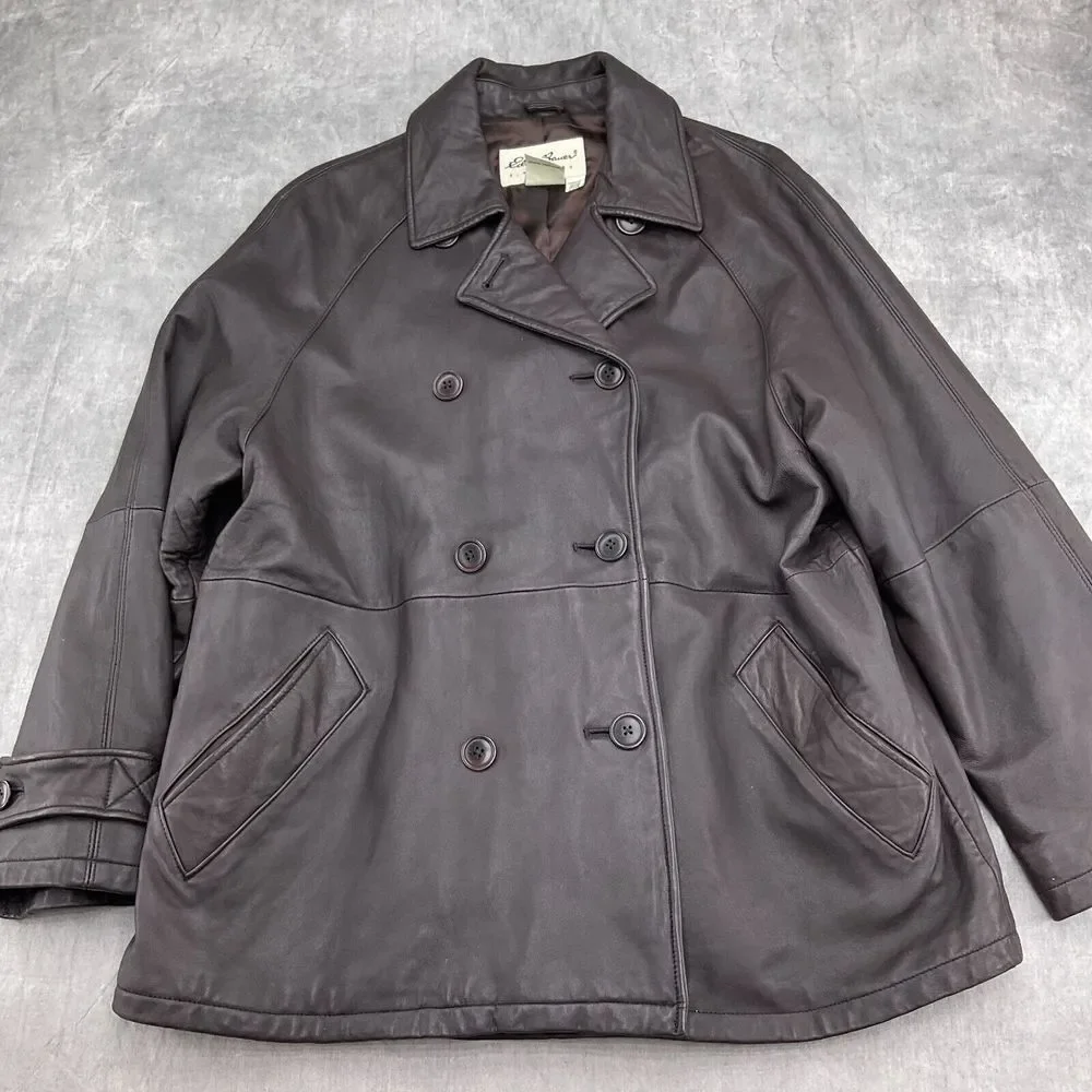 Eddie Bauer Jacket Women L Brown Leather Double Breasted Pea Coat‎ Car Classic